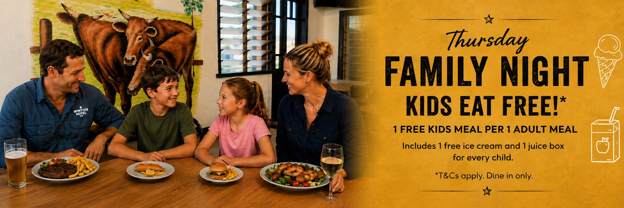 Family enjoying dinner at Winton Hotel. Thursday Family Night offers one free kids meal with every adult meal, including a free ice cream and juice box. Dine-in only.