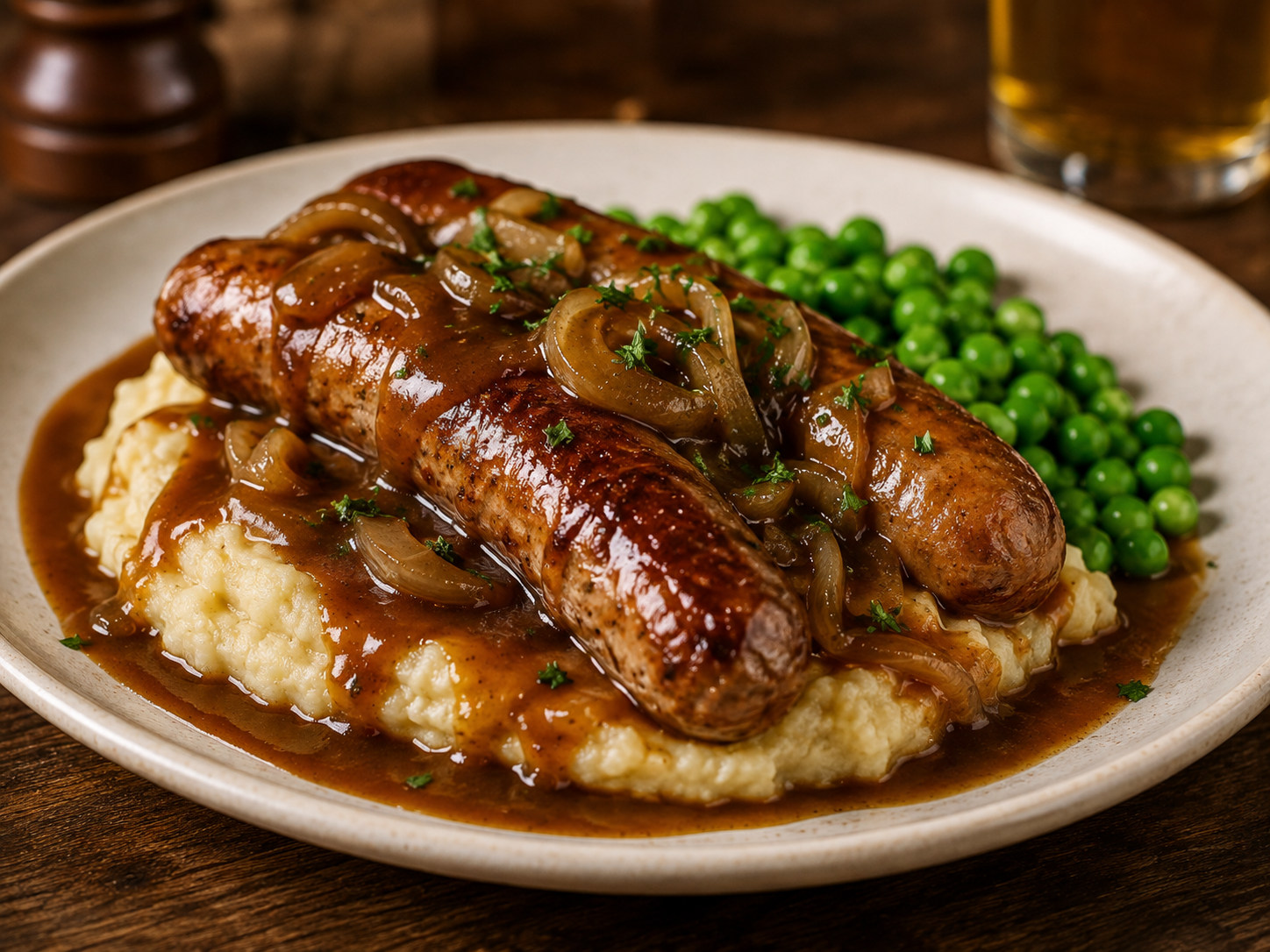 Bangers and mash with onion gravy at Winton Hotel